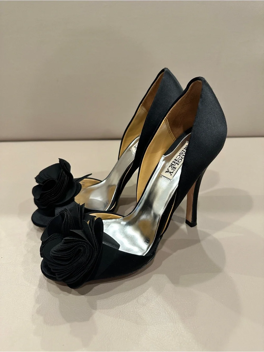 Badgley Mischka Black Satin Peep-Toe Pumps with Flower Accent - Picture 2 of 8